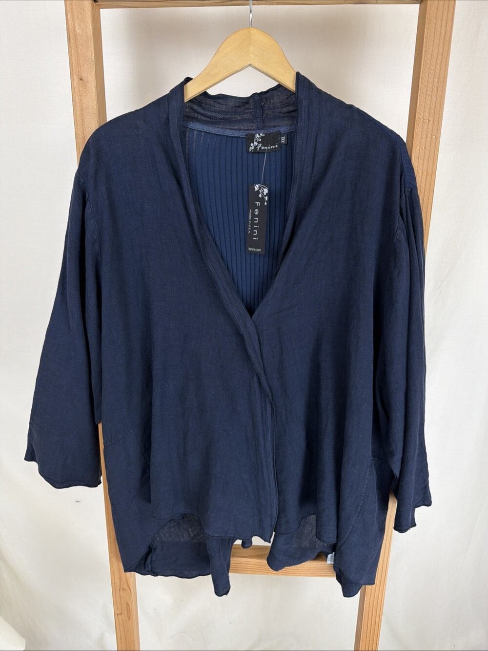 NWT Fenini Navy One Button Pockets Ribbed Open High-Low Jacket #0996 Size XXL